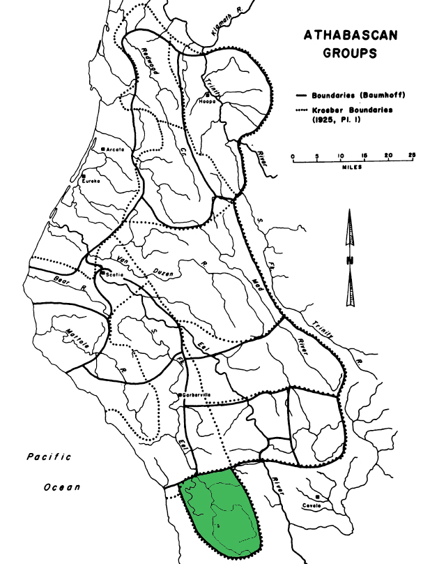 Location of Cahto territory (green) in northern Califorrnia, from Baumhoff (1958)