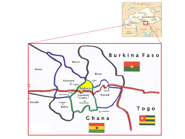 Localisation du Ninkare au Sud du Burkina Faso. Location of the Ninkare speaking area in the south of Burkina Faso.