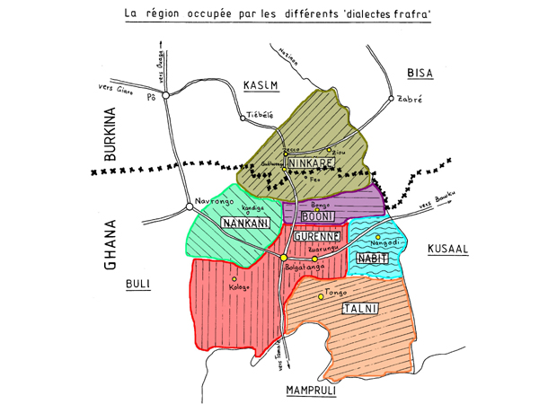 Les différents dialectes «Frafra» au Burkina Faso et au Ghana. The different «Frafra» dialects in Burkina Faso and in Ghana.